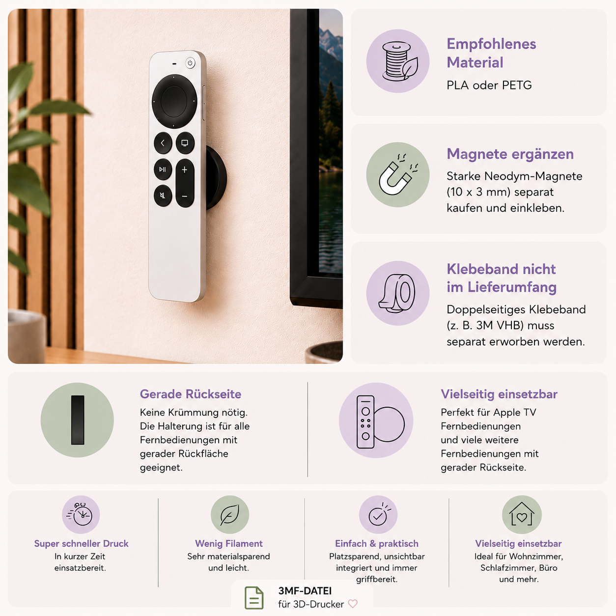 Apple TV Fernbedienung Halterung – Magnetische Wandhalterung 3MF