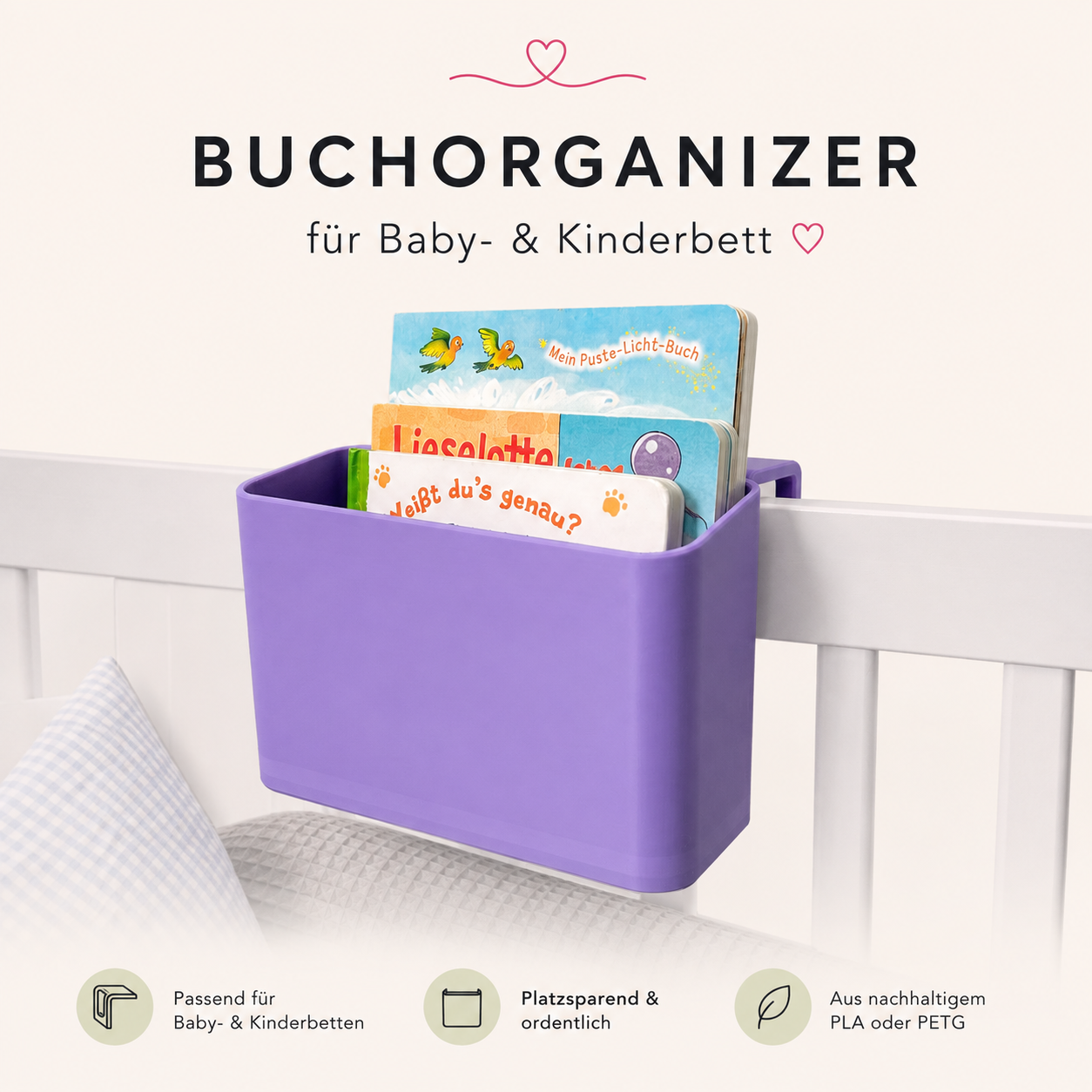 Buchorganizer (glatt) für Baby- & Kinderbett – 3D-Druckdatei